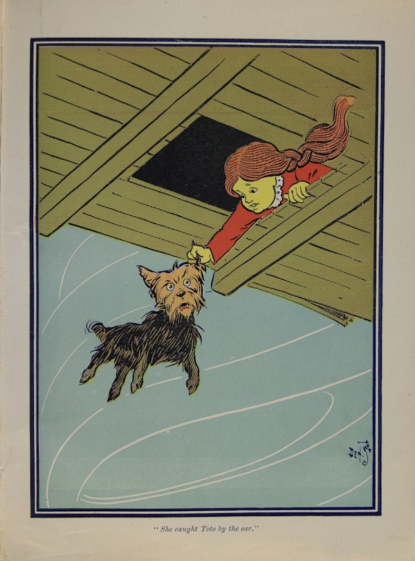 Dorothy pulls Toto back into the house:  an original llustration from *The Wonderful Wizard of Oz*, by L. Frank Bloom.