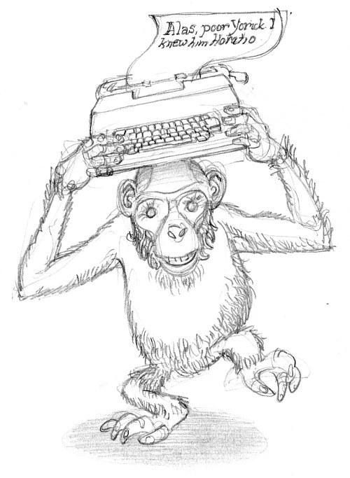 A monkey typing randomly manages to type out a line of Shakespeare.  What is the chance that the monkey would produce this particular line?  Source: http://www.gloryofkings.com/?p=189.