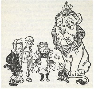 Scarecrow, Tin Man, Dorothy, Toto and the Cowardly Lion wearing Emerald City Specticals:  an original llustration from *The Wonderful Wizard of Oz*, by L. Frank Bloom.